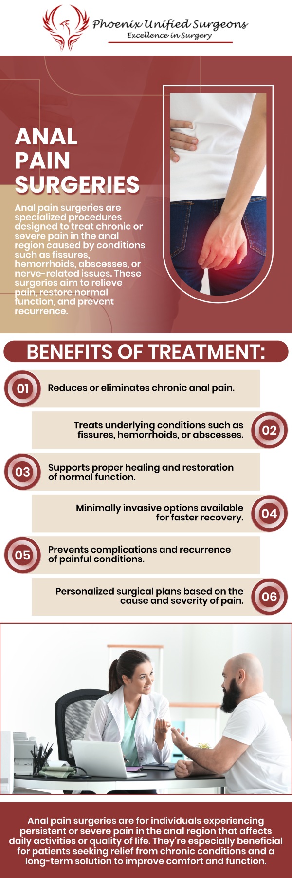 Anal pain can significantly impact daily life, but treatment and surgery may be necessary for conditions like hemorrhoids, fissures, or abscesses. Our experienced surgeons use advanced techniques to alleviate discomfort and provide long-term relief. Whether the pain is due to a chronic condition or an acute injury, we offer personalized care to ensure optimal recovery. Please contact us or book your appointment online. We are conveniently located at 20333 N 19th Avenue, Ste 230 Phoenix, AZ 85027.