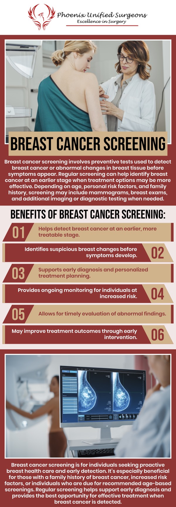 Common questions asked by patients: What is breast cancer screening? At what age should women start breast cancer screening? How often should I get a cancer screening? How do I prepare for a breast cancer screening? For more information, contact us or request an appointment online. We are conveniently located at 20333 N 19th Avenue, Ste 230 Phoenix, AZ 85027. We serve patients from Phoenix AZ, Sun City AZ, Peoria AZ, Surprise AZ, Glendale AZ, Scottsdale AZ, and surrounding areas.