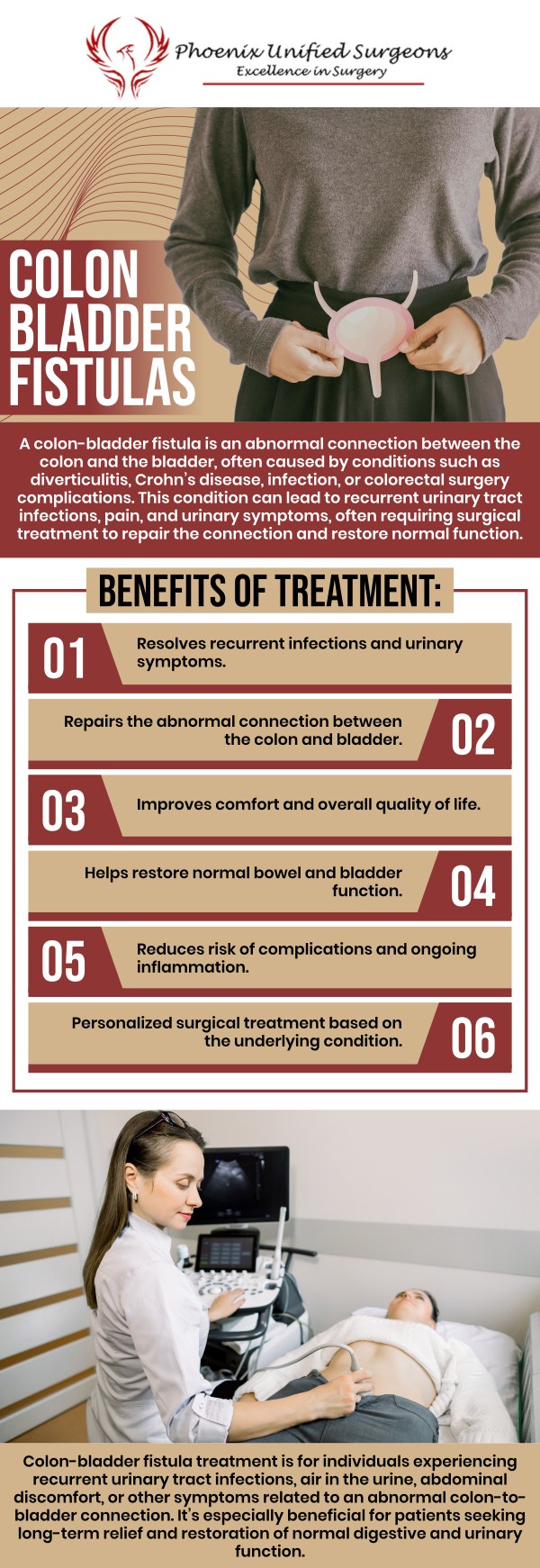 Common questions asked by patients: What exactly is a colon-bladder (colovesical) fistula? What are the most common symptoms of a colon-bladder fistula? How is a colon-bladder fistula diagnosed? Can a colovesical fistula heal on its own without surgery? How is a colon-bladder fistula treated? For more information, contact us or request an appointment online. We are conveniently located at 20333 N 19th Avenue, Ste 230 Phoenix, AZ 85027. We serve patients from Phoenix AZ, Sun City AZ, Peoria AZ, Surprise AZ, Glendale AZ, Scottsdale AZ, and surrounding areas.