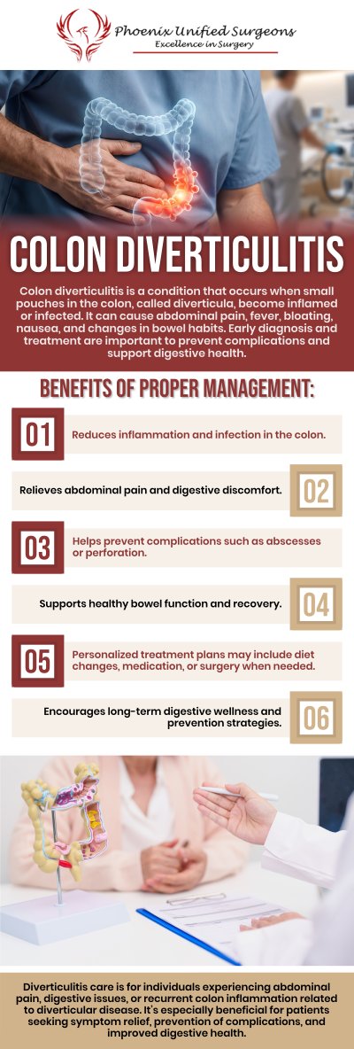 Colon diverticulitis treatment focuses on managing inflammation, relieving symptoms, and preventing future digestive complications through personalized care. Proper evaluation helps determine the most appropriate approach based on the severity of symptoms and overall health needs. At Phoenix Unified Surgeons, our board-certified surgeons provide comprehensive colon diverticulitis treatment with a focus on safe, effective, and patient-centered digestive care. For more information, contact us or request an appointment online. We are conveniently located at 20333 N 19th Avenue, Ste 230 Phoenix, AZ 85027. Colon diverticulitis treatment focuses on managing inflammation, relieving symptoms, and preventing future digestive complications through personalized care. Proper evaluation helps determine the most appropriate approach based on the severity of symptoms and overall health needs. At Phoenix Unified Surgeons, our board-certified surgeons provide comprehensive colon diverticulitis treatment with a focus on safe, effective, and patient-centered digestive care. For more information, contact us or request an appointment online. We are conveniently located at 20333 N 19th Avenue, Ste 230 Phoenix, AZ 85027.