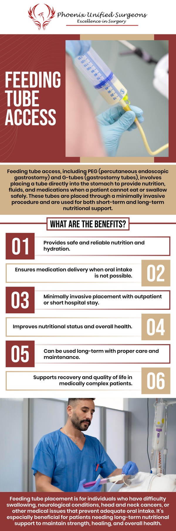 Common questions asked by patients: What is feeding tube access? When are PEGs and G tubes needed? How are PEGs and G tubes placed? What is the difference between a PEG tube and a G tube? How should patients care for a feeding tube after placement? For more information, contact us or request an appointment online. We are conveniently located at 20333 N 19th Avenue, Ste 230 Phoenix, AZ 85027. We serve patients from Phoenix AZ, Sun City AZ, Peoria AZ, Surprise AZ, Glendale AZ, Scottsdale AZ, and surrounding areas.