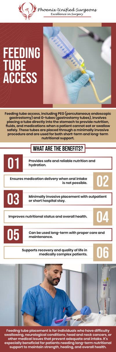 Common questions asked by patients: What is feeding tube access? When are PEGs and G tubes needed? How are PEGs and G tubes placed? What is the difference between a PEG tube and a G tube? How should patients care for a feeding tube after placement? For more information, contact us or request an appointment online. We are conveniently located at 20333 N 19th Avenue, Ste 230 Phoenix, AZ 85027. We serve patients from Phoenix AZ, Sun City AZ, Peoria AZ, Surprise AZ, Glendale AZ, Scottsdale AZ, and surrounding areas.