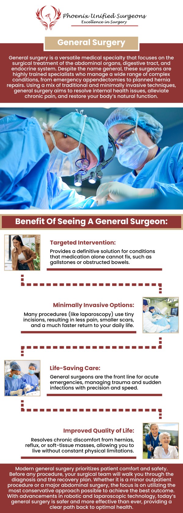 Phoenix Unified Surgeons offers professional care with board-certified professionals specializing in a wide range of surgical procedures, including minimally invasive techniques. Our experienced surgeons are committed to providing the highest level of patient care, ensuring you receive the best treatment for your health needs. For more information, contact us or book your appointment online. Our office is conveniently located at 20333 N 19th Avenue, Ste 230 Phoenix, AZ 85027.