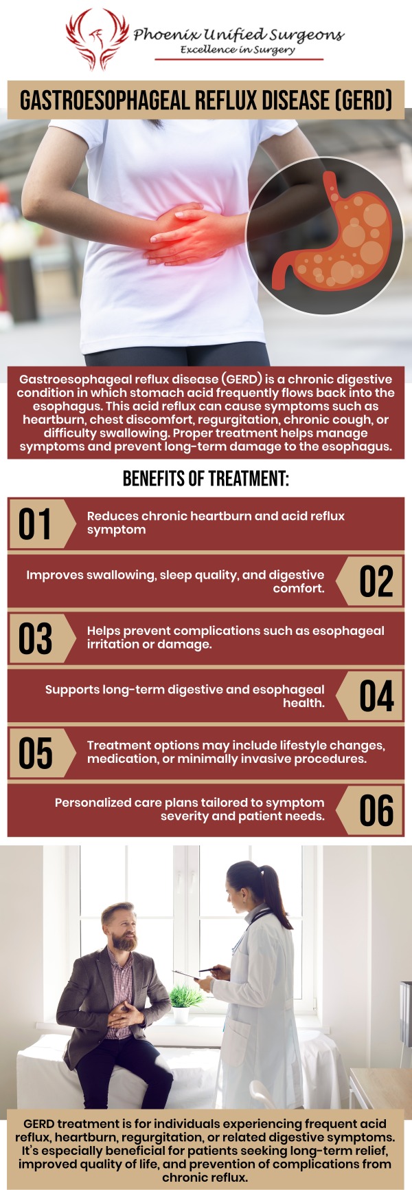 Common questions asked by patients: What is gastroesophageal reflux disease? What causes gastroesophageal reflux disease? What are the common symptoms of GERD? How is gastroesophageal reflux disease diagnosed? What treatment options are available for GERD? For more information, contact us or request an appointment online. We are conveniently located at 20333 N 19th Avenue, Ste 230 Phoenix, AZ 85027. We serve patients from Phoenix AZ, Sun City AZ, Peoria AZ, Surprise AZ, Glendale AZ, Scottsdale AZ, and surrounding areas.