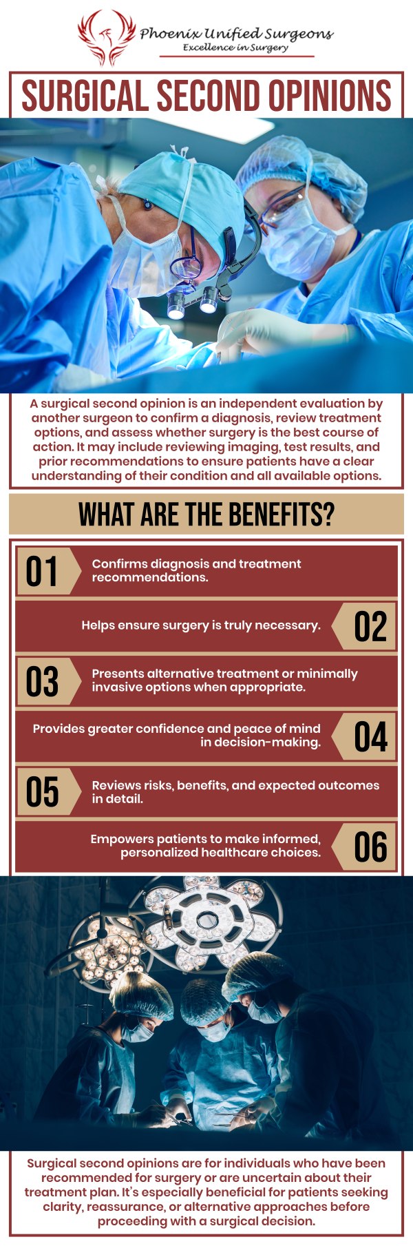 Common questions asked by patients: When should you consider getting a surgical second opinion? Why is a second opinion important before surgery? What should you bring to a surgical second opinion appointment? Can a surgical second opinion change your treatment plan? For more information, contact us or request an appointment online. We are conveniently located at 20333 N 19th Avenue, Ste 230 Phoenix, AZ 85027. We serve patients from Phoenix AZ, Sun City AZ, Peoria AZ, Surprise AZ, Glendale AZ, Scottsdale AZ, and surrounding areas.