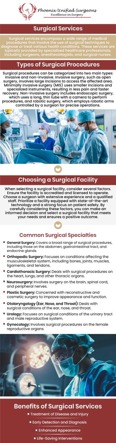 At Phoenix Unified Surgeons, we believe that exceptional surgical care begins with expertise, precision, and a patient-centered approach. Led by a team of board-certified surgeons, our practice combines advanced surgical techniques with a strong focus on your overall health and recovery. We provide personalized treatment plans designed to address your unique needs, ensuring every procedure supports both immediate results and long-term well-being. Whether you require minimally invasive procedures or comprehensive surgical care, our compassionate team is dedicated to guiding you through every step of your journey with confidence, safety, and trusted expertise. For more information, contact us or request an appointment online. We are conveniently located at 20333 N 19th Avenue, Ste 230 Phoenix, AZ 85027.