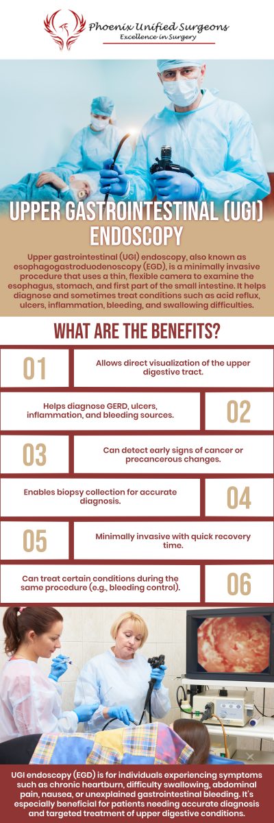 Upper GI endoscopy care helps evaluate the upper digestive tract to identify the causes of symptoms such as abdominal discomfort, swallowing difficulties, and persistent digestive issues. This minimally invasive procedure allows for a detailed examination of the esophagus, stomach, and upper small intestine to support accurate diagnosis and personalized care. Our board-certified surgeons at Phoenix Unified Surgeons provide advanced upper GI endoscopy care focused on identifying gastrointestinal problems and supporting better digestive health. For more information, contact us or request an appointment online. We are conveniently located at 20333 N 19th Avenue, Ste 230 Phoenix, AZ 85027. Upper GI endoscopy care helps evaluate the upper digestive tract to identify the causes of symptoms such as abdominal discomfort, swallowing difficulties, and persistent digestive issues. This minimally invasive procedure allows for a detailed examination of the esophagus, stomach, and upper small intestine to support accurate diagnosis and personalized care. Our board-certified surgeons at Phoenix Unified Surgeons provide advanced upper GI endoscopy care focused on identifying gastrointestinal problems and supporting better digestive health. For more information, contact us or request an appointment online. We are conveniently located at 20333 N 19th Avenue, Ste 230 Phoenix, AZ 85027.